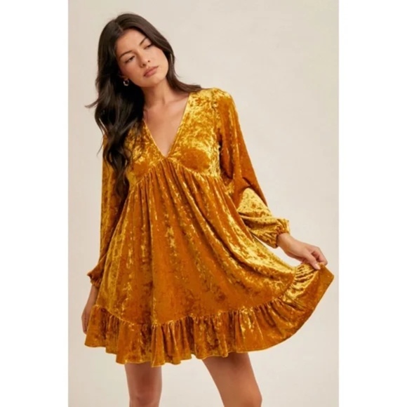 Dresses & Skirts - SOLD OUT Golden Curry Velvet V-Neck Babydoll Bubble Sleeve Holiday Cocktail